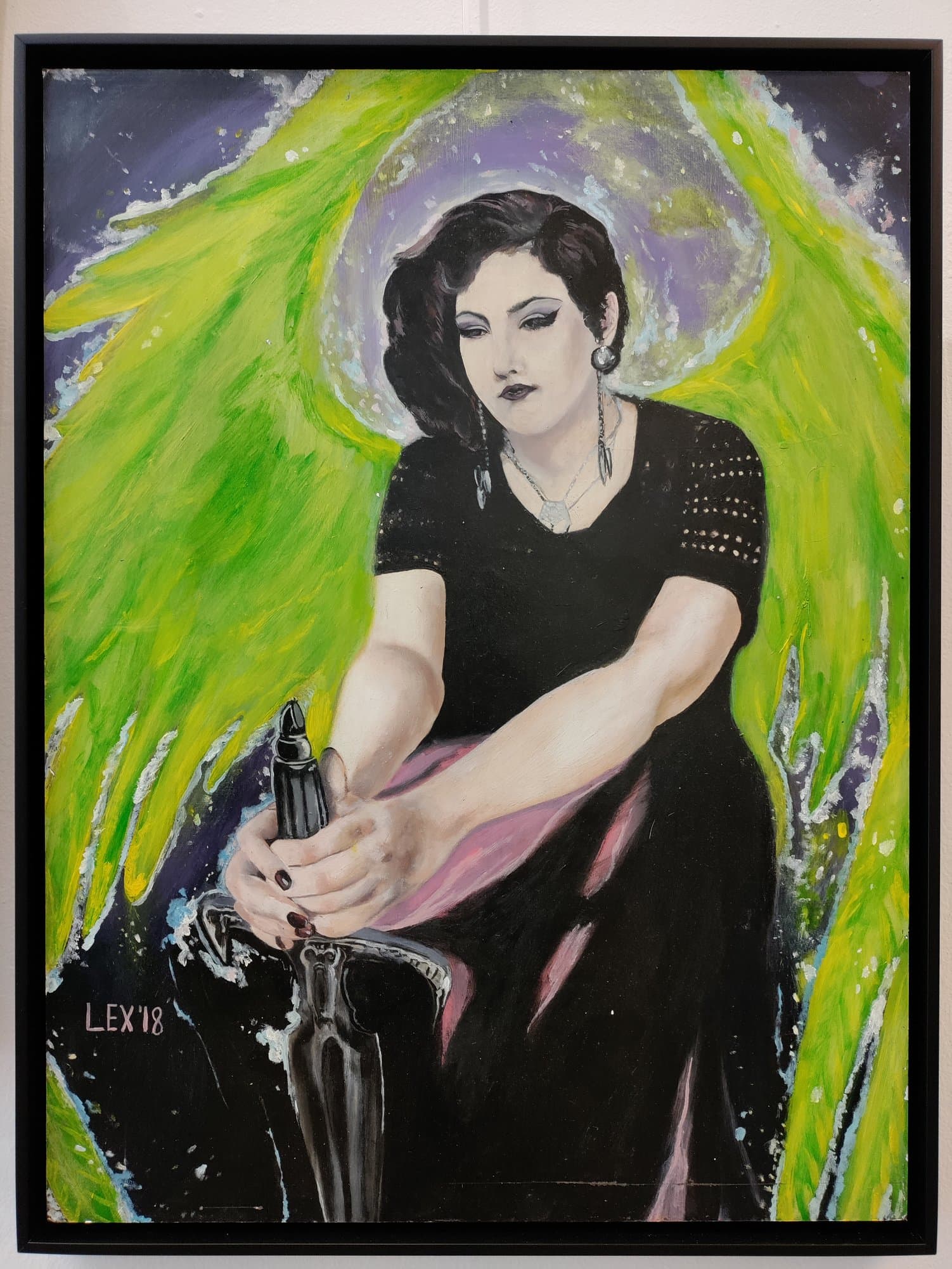 Painting of a woman holding a sword surrounded by green energy