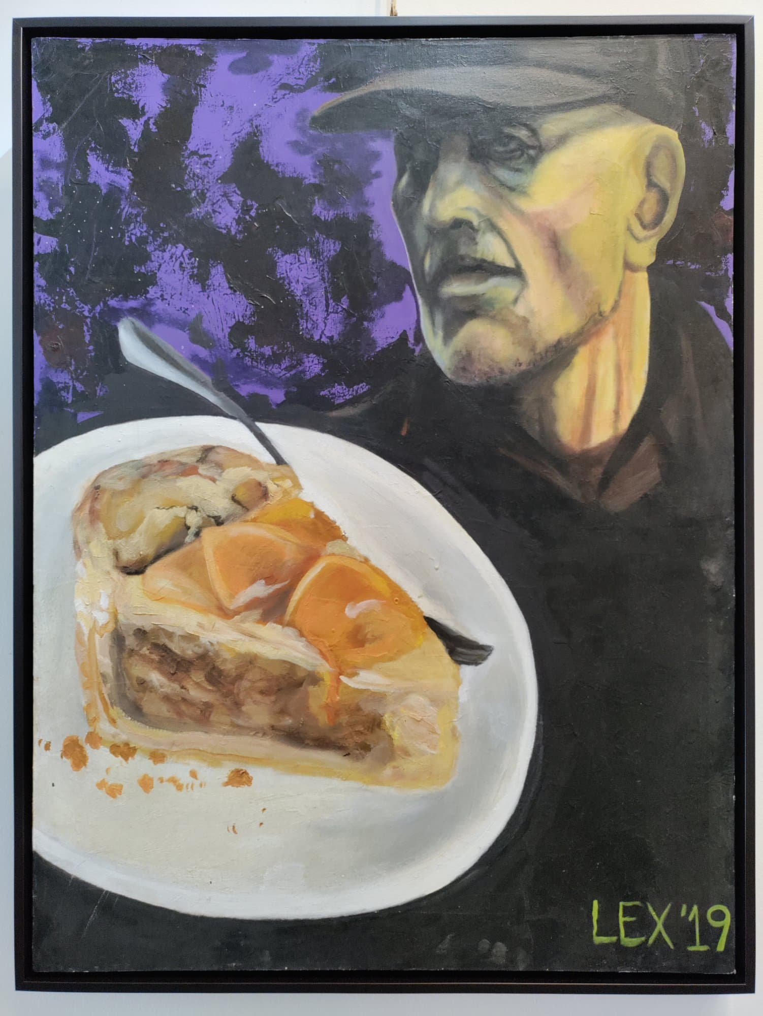 Painting of a man in a hat beside a slice of pie on a plate